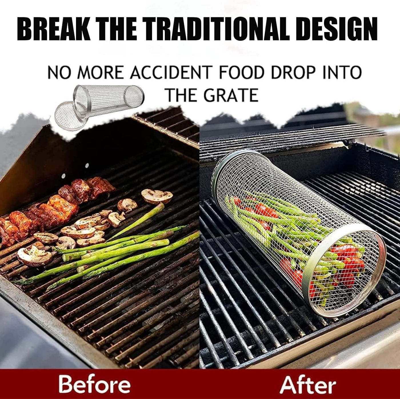Rolling Grill Basket — Stainless Steel Cylinder