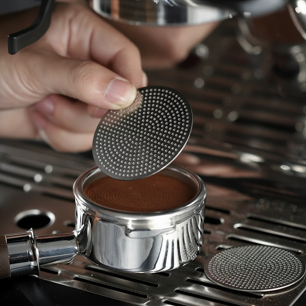 Stainless steel espresso puck screen held above portafilter basket filled with ground coffee, fine mesh detail visible