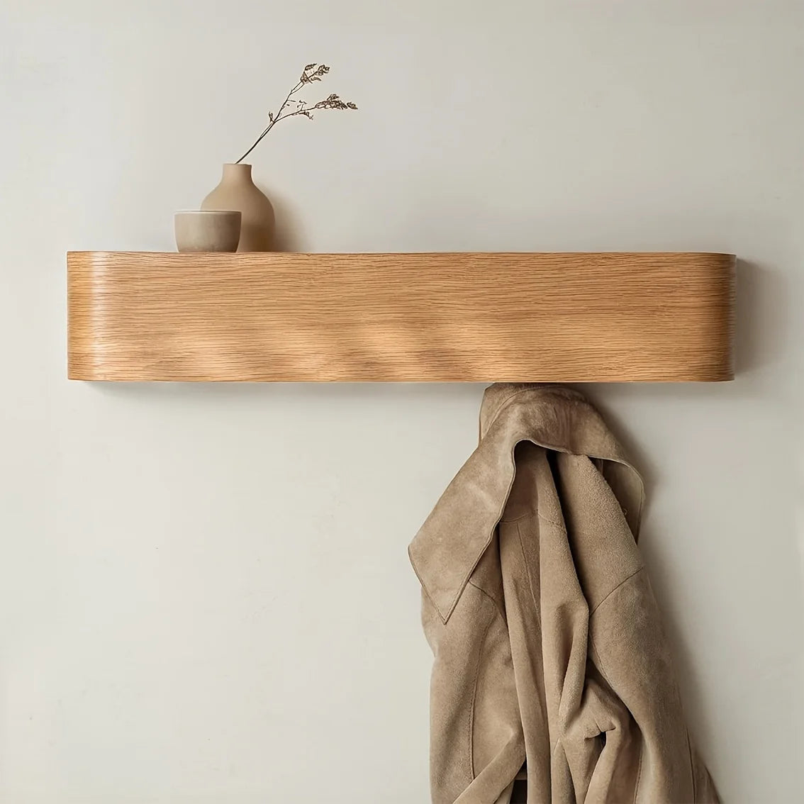 Wall Coat Rack with Shelf — Walnut Wood in lifestyle setting