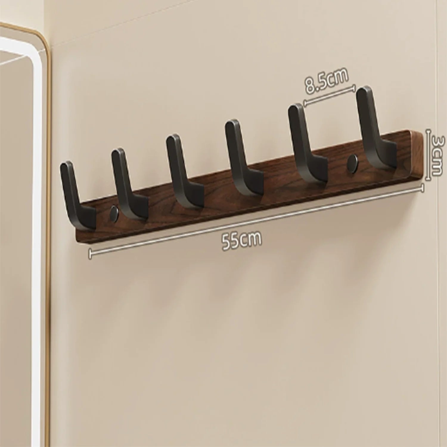 Wall Coat Rack — Walnut Wood with Black or White Hooks in lifestyle setting
