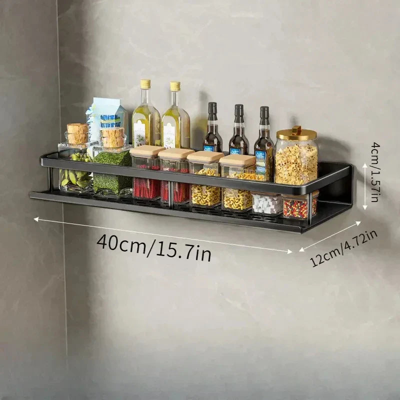 Wall-Mount Kitchen Shelf — Black Aluminium with Hooks in lifestyle setting