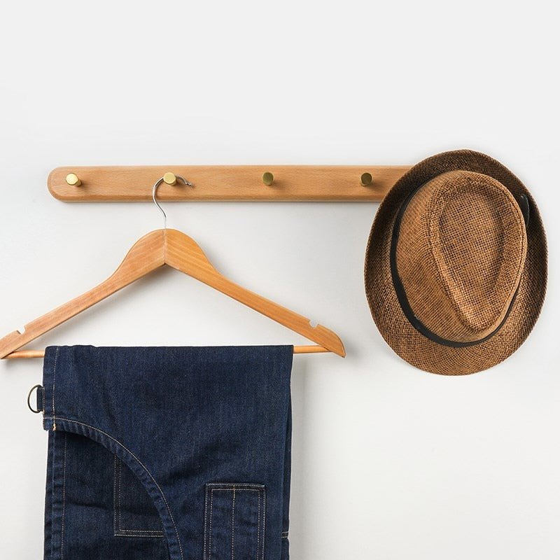 Wall Coat Rack — Walnut & Beech Wood, Brass Hooks close-up detail of feature