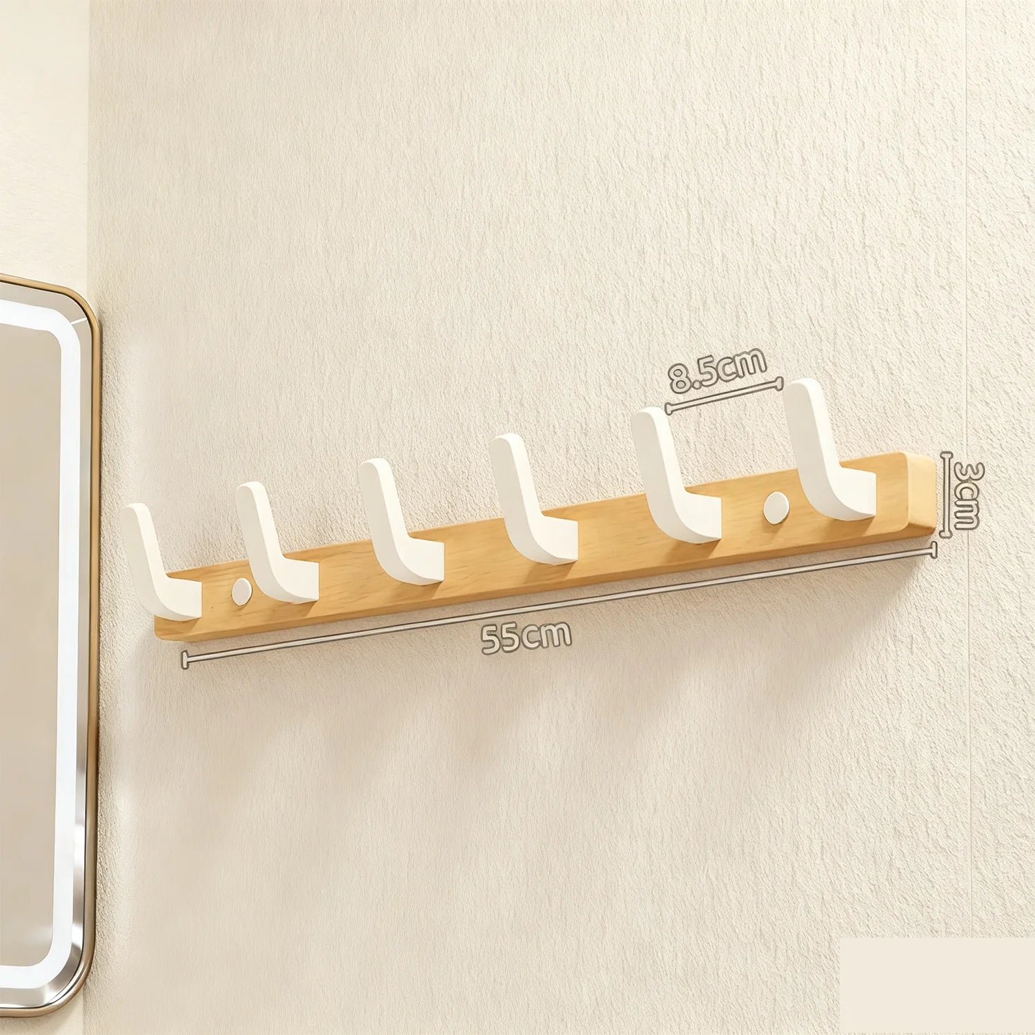 Wall Coat Rack — Walnut Wood with Black or White Hooks in use at home