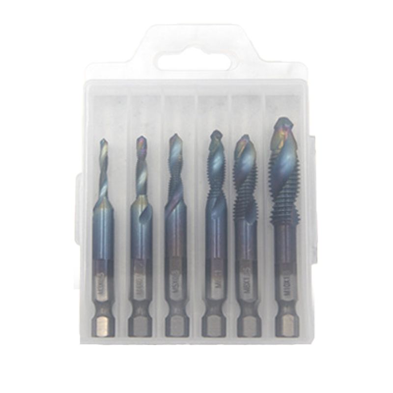 6-Piece Spiral Tap Set — HSS with Titanium Coating side angle showing dimensions