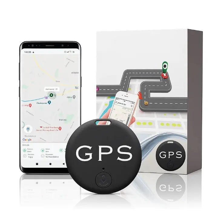 Mini GPS tracker black circular device with GPS text next to smartphone displaying map interface