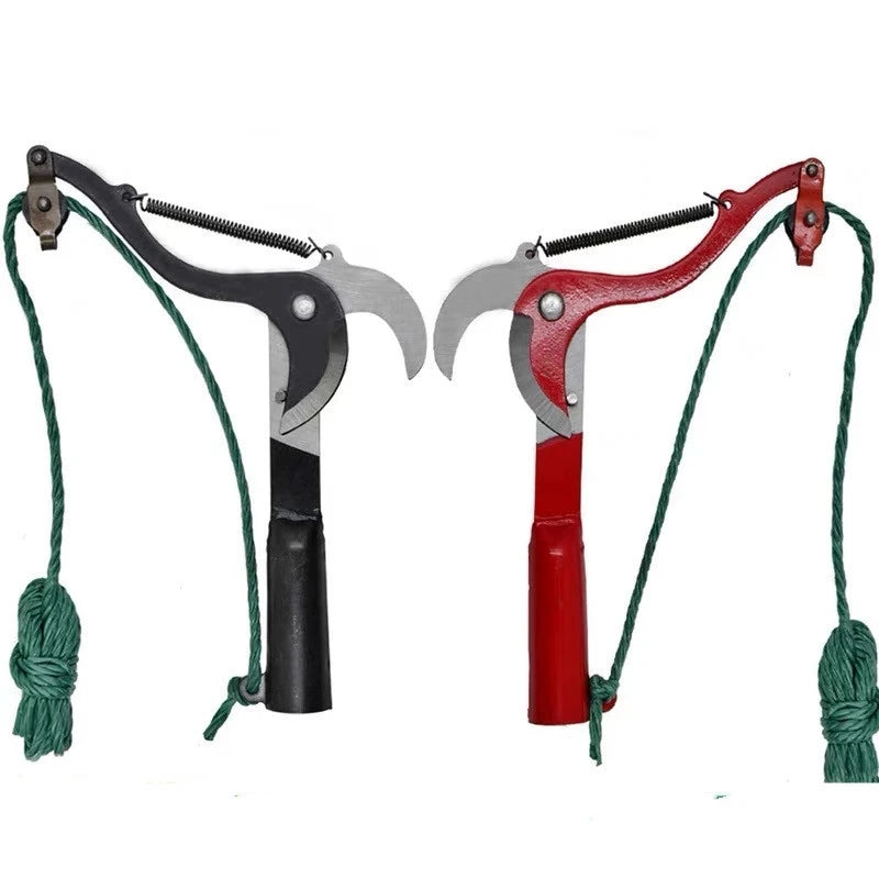 Long-reach rope-operated branch pruner in black and red variants displayed on white background front view
