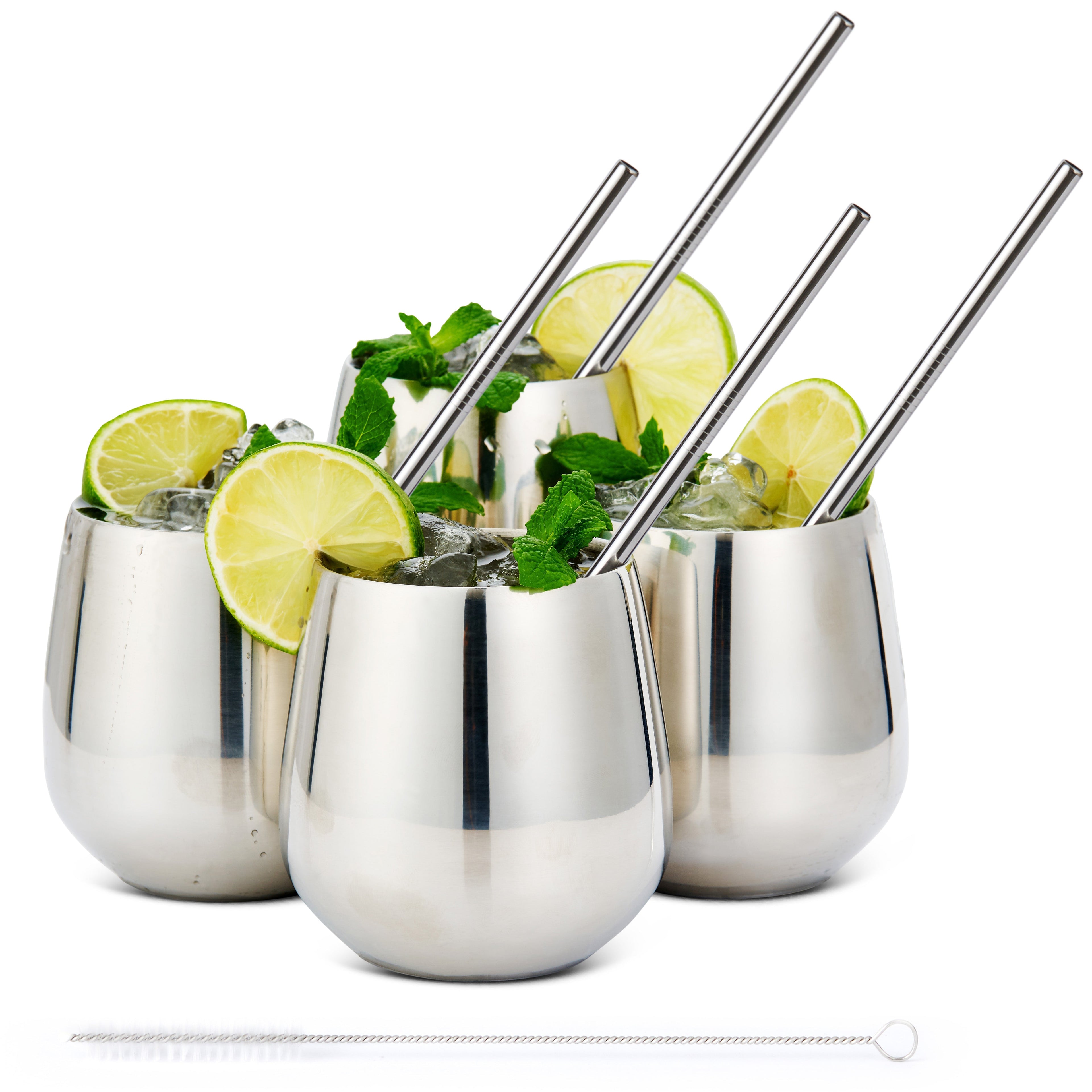 Stainless steel tumblers 4-pack with straws lime mint cocktails white background