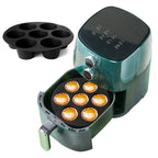 Black silicone 7-cup muffin mould for air fryer front view on white background showing round cup cavities