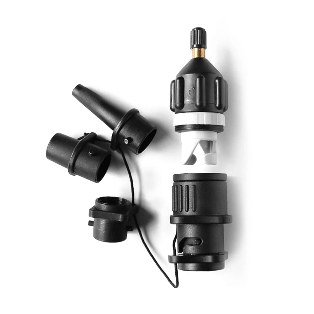 SUP pump adapter kit all components laid out on white background including brass nozzle main body and attachments