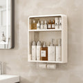 White minimalist bathroom wall shelf mounted on tile wall displaying various toiletry bottles