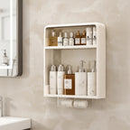 White minimalist bathroom wall shelf mounted on tile wall displaying various toiletry bottles