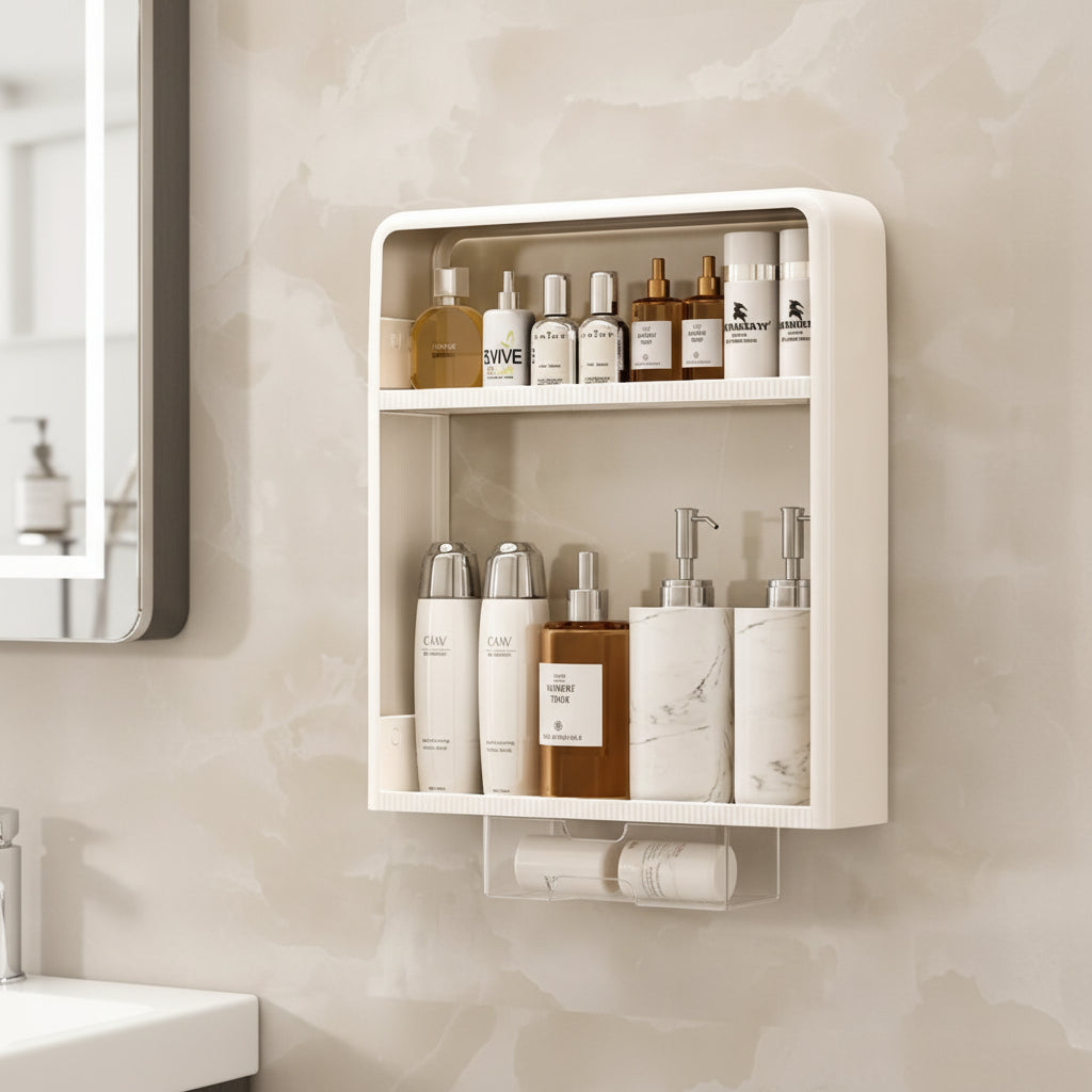 White minimalist bathroom wall shelf mounted on tile wall displaying various toiletry bottles