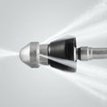 High-pressure stainless steel drain cleaning nozzle on white background, front view showing spray tip and body