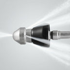 High-pressure stainless steel drain cleaning nozzle on white background, front view showing spray tip and body