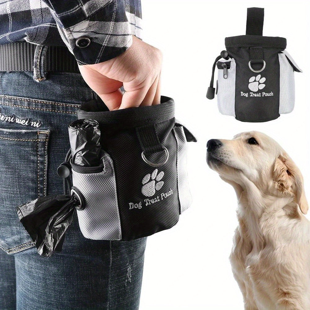 Dog treat pouch with waste bag dispenser clipped to belt with hand accessing treats during training