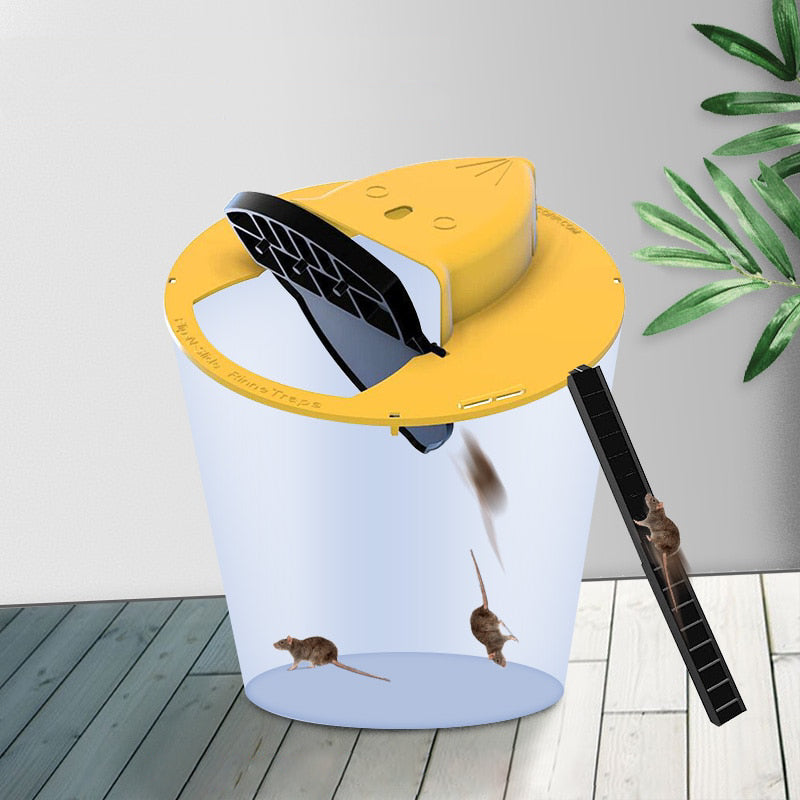 Yellow polypropylene humane mouse trap bucket lid with black ladder system attached to white bucket