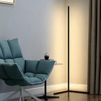Corner LED floor lamp with remote control in modern living room setting showing warm ambient lighting