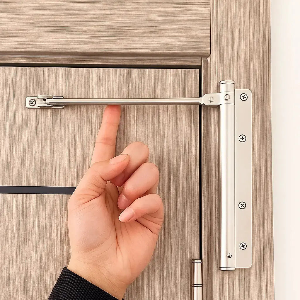 Stainless steel automatic door closer mounted on wooden door frame showing installation position