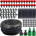 Drip irrigation kit full component set including tubing, red adjustable emitters, T-connectors, stakes, and tap fittings on white background