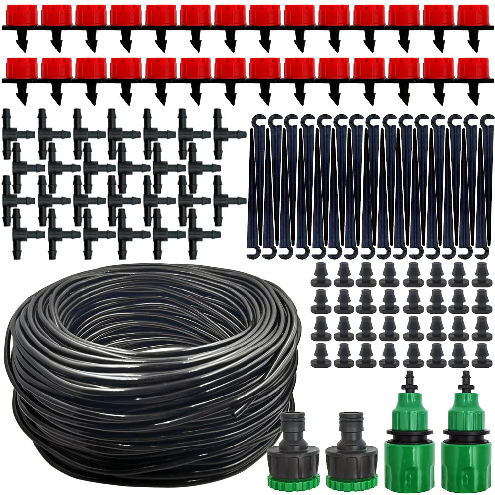 Drip irrigation kit full component set including tubing, red adjustable emitters, T-connectors, stakes, and tap fittings on white background