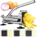 Cast iron potato chip cutter with three interchangeable blades cutting fresh yellow chips