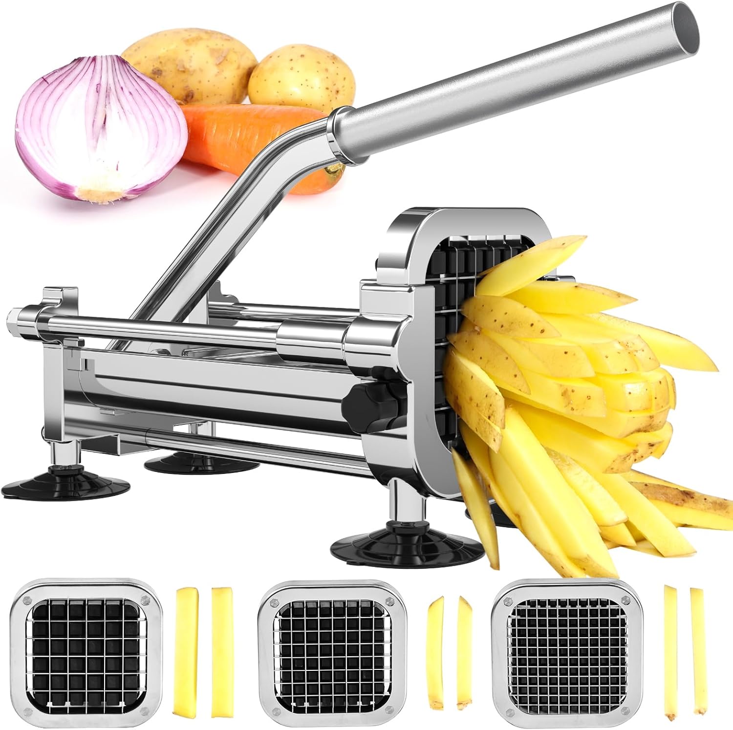 Cast iron potato chip cutter with three interchangeable blades cutting fresh yellow chips