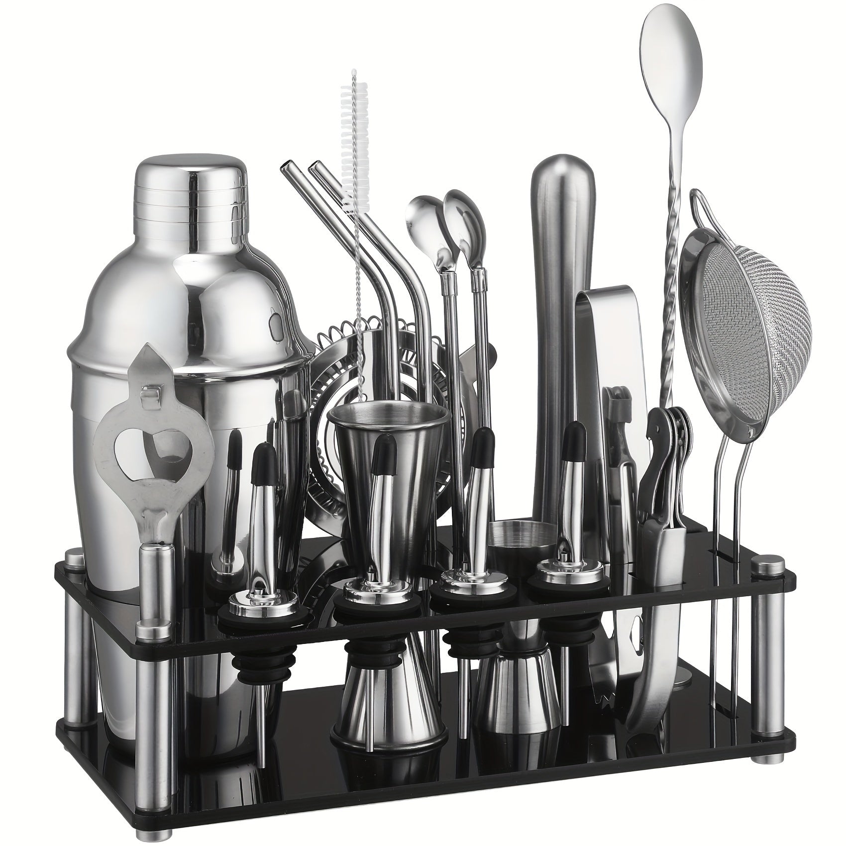 Cocktail Set 20-Piece Stainless Steel with Stand front view on neutral background