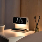 White bedside lamp with wireless charger alarm clock 18cm LCD display on wooden nightstand