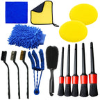 15-piece car detailing brush set laid out on white background showing all brushes, mitt, cloths, and pads
