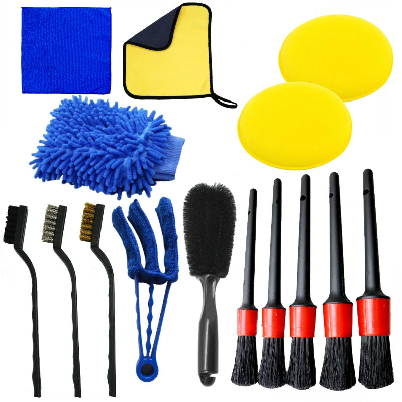 15-piece car detailing brush set laid out on white background showing all brushes, mitt, cloths, and pads