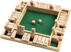 Shut the Box wooden 4-player dice board game overhead view showing numbered flip tiles and green felt centre on white background
