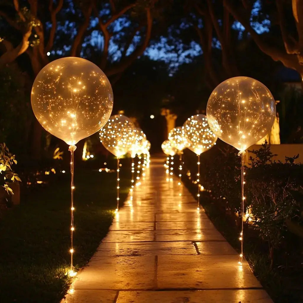 LED balloon lights creating magical atmosphere along garden pathway at evening with warm white glow