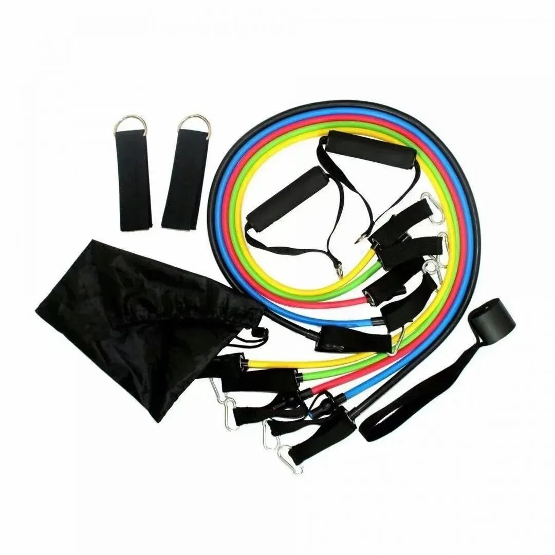 11-piece resistance band set laid flat on white background showing all tubes handles ankle straps and carry bag