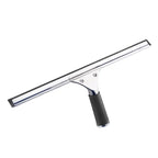 Stainless steel window squeegee with rubber blade and black grip handle on white background front view