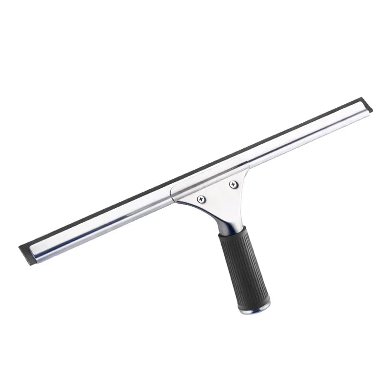 Stainless steel window squeegee with rubber blade and black grip handle on white background front view