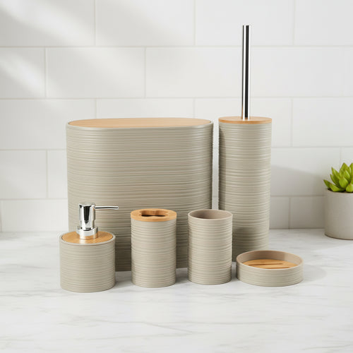 6-Piece Bathroom Accessory Set with Bamboo Accents front view on neutral background