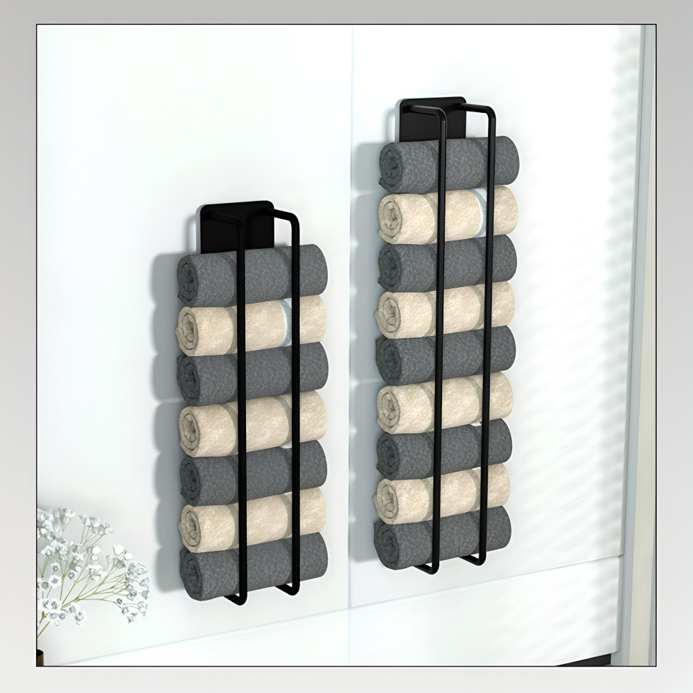 Wall mounted towel rack black metal wire frame holding rolled towels vertical bathroom storage