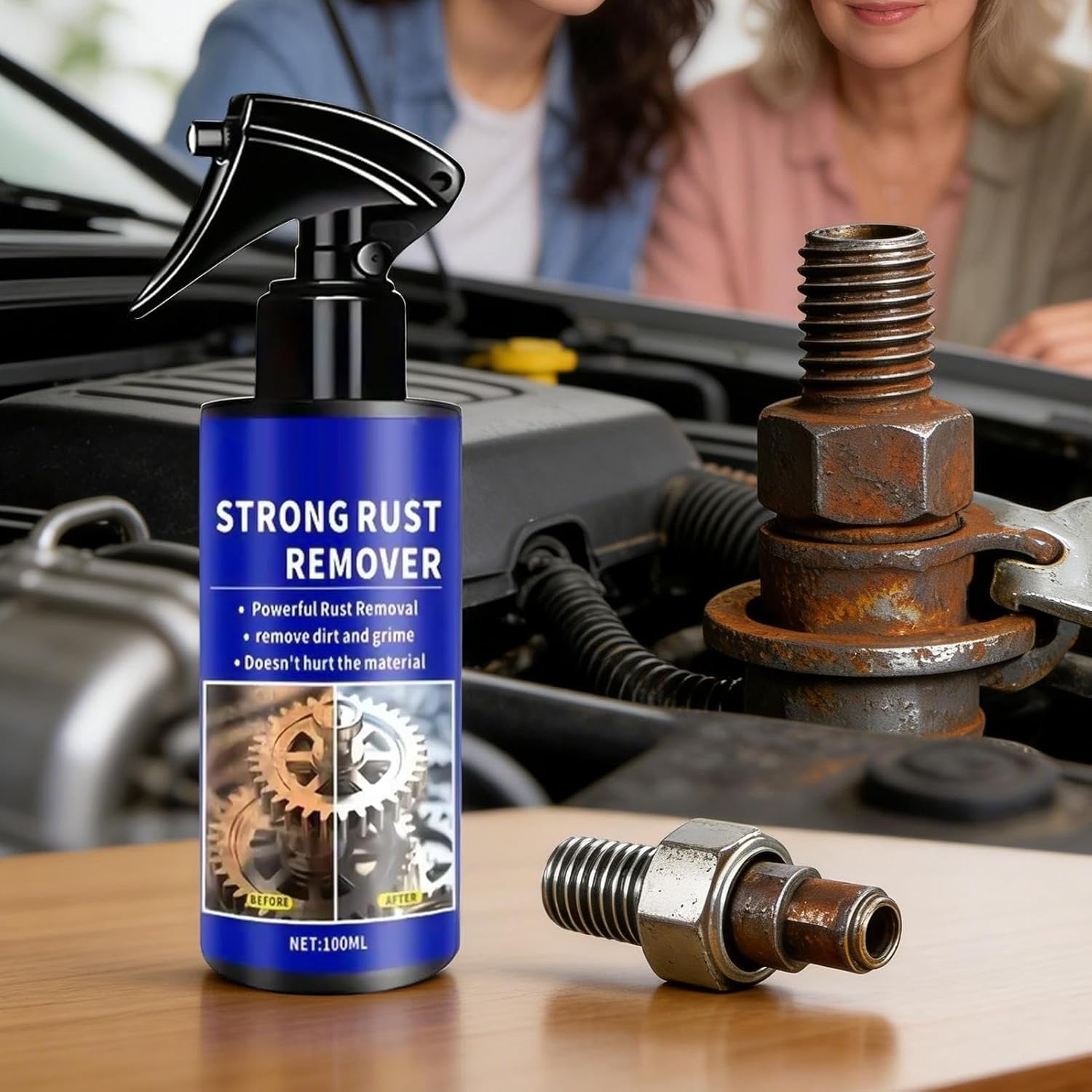 Blue rust remover spray bottle 100ml trigger mechanism on bench with rusted metal bolts and tools