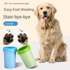 Dog paw cleaner cup in blue and green with Golden Retriever, showing muddy paw before and after cleaning
