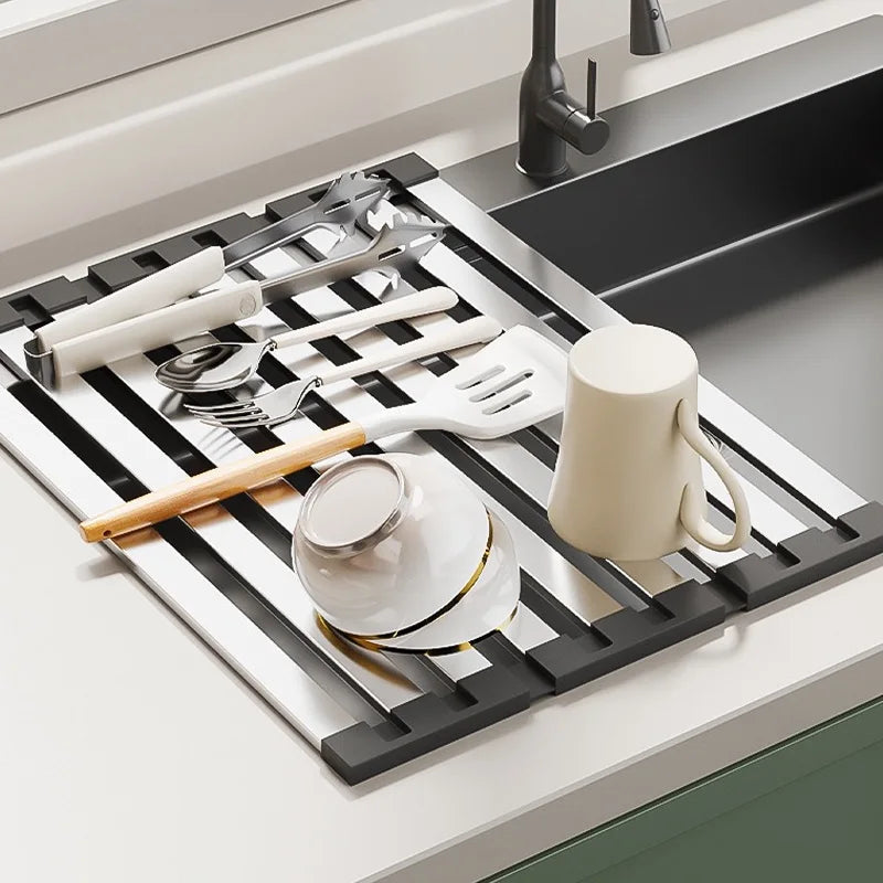 Over-sink drain rack stainless steel 304 positioned above modern kitchen sink with dishes