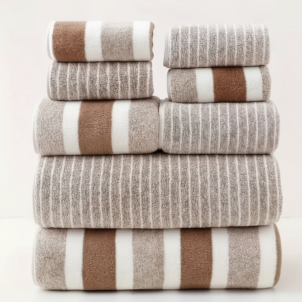 Six-piece striped microfibre towel set in coffee brown and white tones, folded and stacked on white background