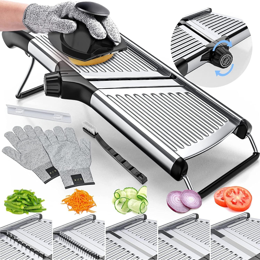 Mandoline Slicer with Cut-Resistant Gloves front view on neutral background