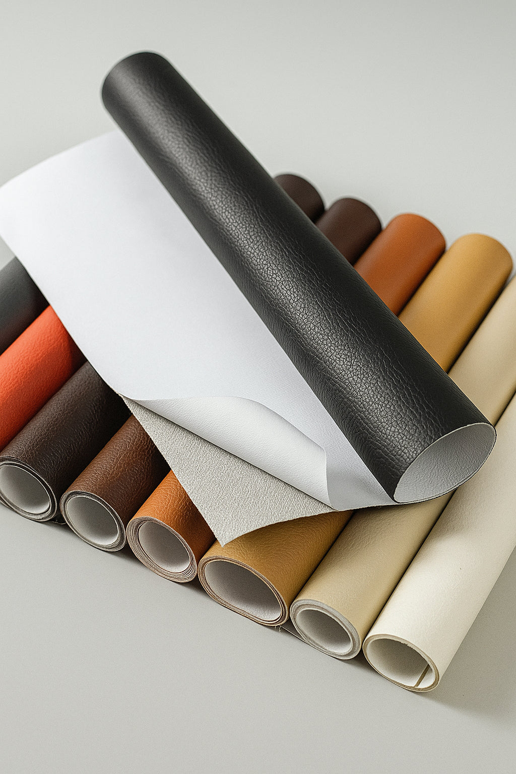 Self-adhesive leather repair patch in black laid flat on white background showing texture and adhesive side