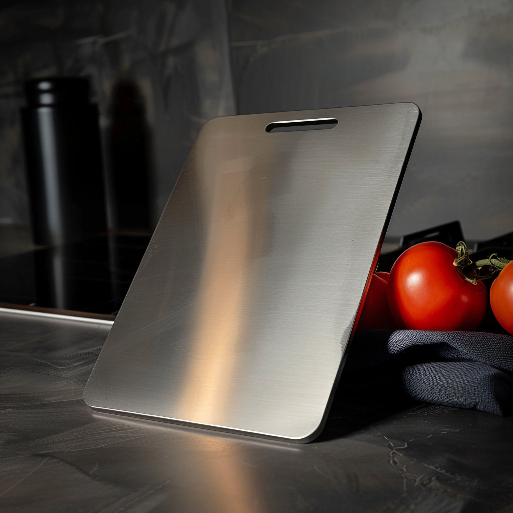 Steel cutting board with non-porous surface on dark kitchen bench with red tomatoes
