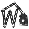 6-sided black aluminium angle measuring tool with laser markings on white background