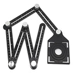 6-sided black aluminium angle measuring tool with laser markings on white background