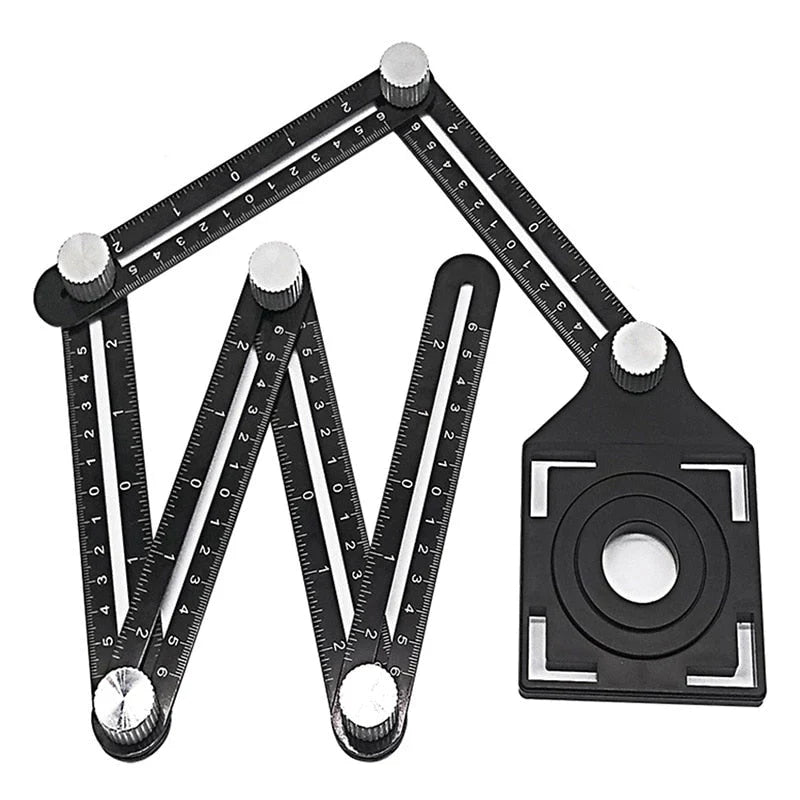 6-sided black aluminium angle measuring tool with laser markings on white background