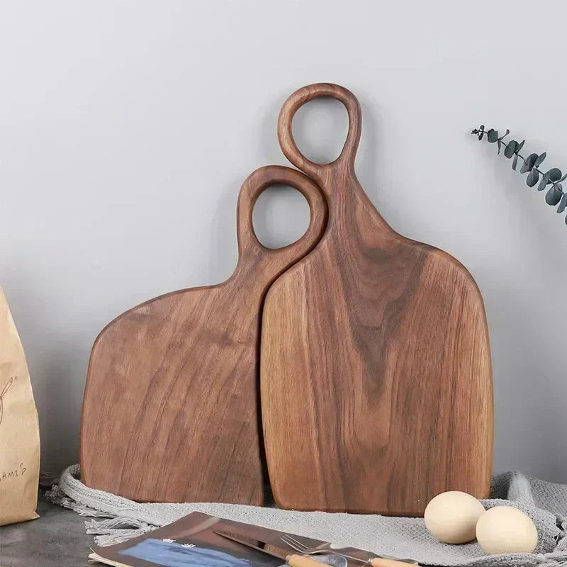 Walnut wood chopping board double-sided 35cm handcrafted natural grain on white background