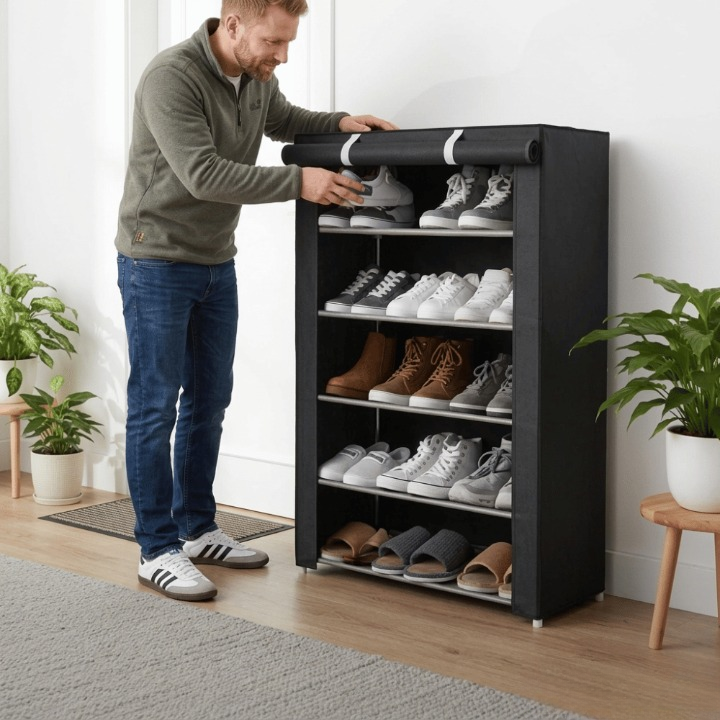 Man rolling up black fabric dust cover on freestanding shoe rack with five tiers of shoes in bright entryway