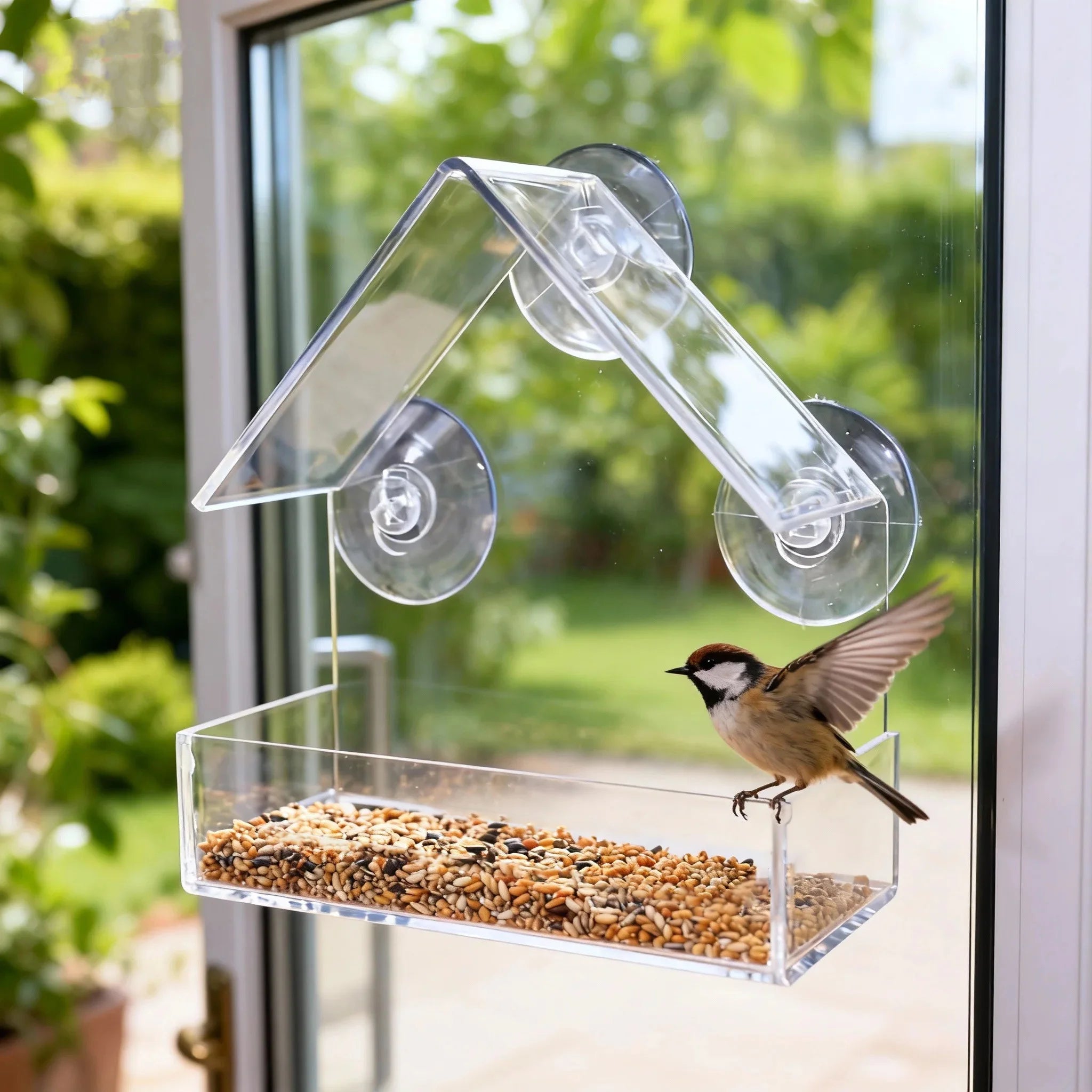 Clear acrylic window bird feeder with suction cups mounted on glass door, small bird perching on seed tray, garden background